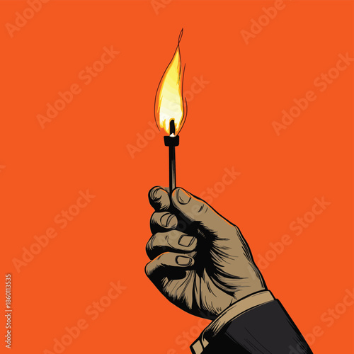 Hand in suit holds lit match against orange background, bold line art , vector style simple color