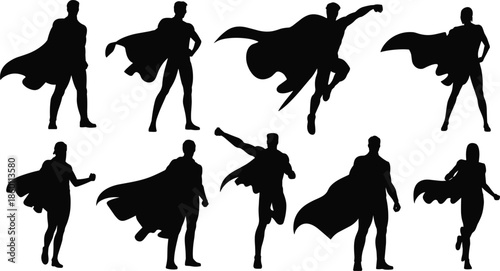 Dynamic silhouettes of superheroes in action poses with flowing capes vector illustration