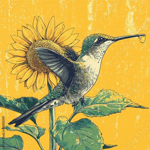 Hummingbird sips nectar from a sunflower on a textured yellow background , vector style simple color
