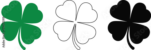 Green Black and Outline Four Leaf Clover Symbols on White Background shamrock luck