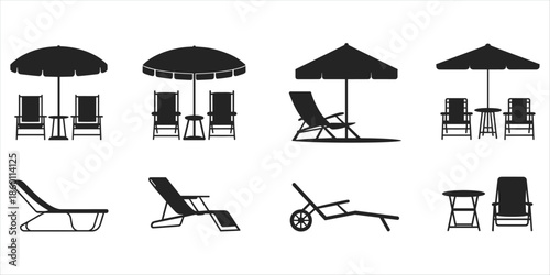 Outdoor furniture silhouettes with umbrellas and lounge chairs on white background Keywords: outdoor furniture, patio furniture