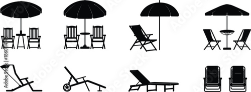 Outdoor furniture silhouettes including chairs, tables and umbrellas on white background Keywords: outdoor furniture, patio