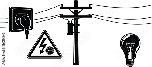 Electric power line illustration, utility pole wires outlet warning sign light bulb, electricity energy concept, black vector silhouette