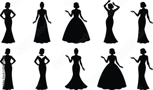 Elegant women dress silhouettes set, female fashion poses wearing long gowns, stylish evening outfits, black vector illustration
