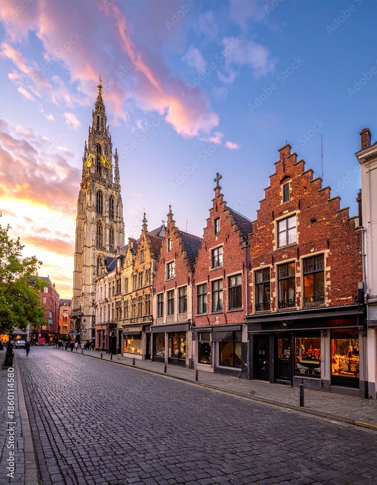 Fototapeta premium Cobblestone Street Lined with Historic Buildings at Sunset