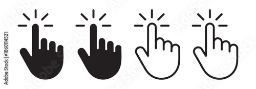Collection of pointer clicking hand icons in solid and outline with glowing effect