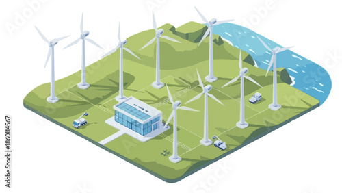 Vector illustration of a green energy wind power station with solar panels and a turbine generator providing renewable electricity to an eco house in a sustainable nature landscape
