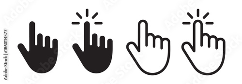 Four distinct pointer hand icons, two solid and two outlined, with a glowing click effect
