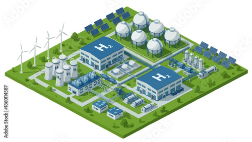 An isometric illustration of a green hydrogen energy facility powered by renewable energy