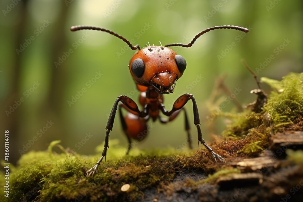 Fototapeta premium Ant crawling on moss covered wood with a blurred green background
