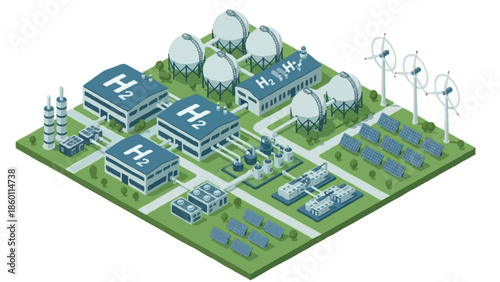 An isometric illustration of a green hydrogen energy facility powered by renewable energy