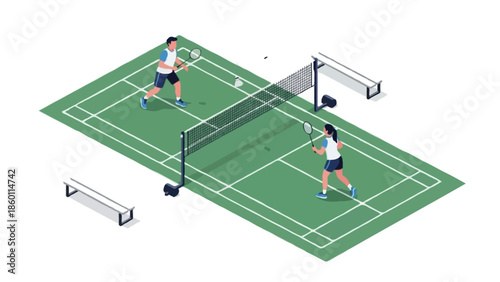 An isometric illustration of a badminton court with two players rallying a shuttlecock over the net