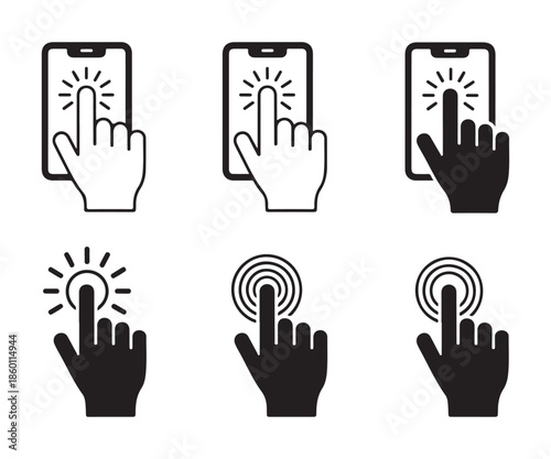 Hand touch screen glowing icon set smartphone symbols and hand only tapping illustrations shine effect