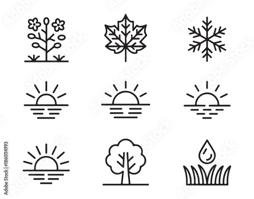 Seasons and nature line icons set spring summer fall winter sun leaf tree snow flower drop