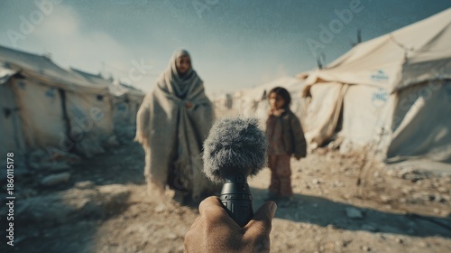 Refugee Camp Documentary with Microphone and Family