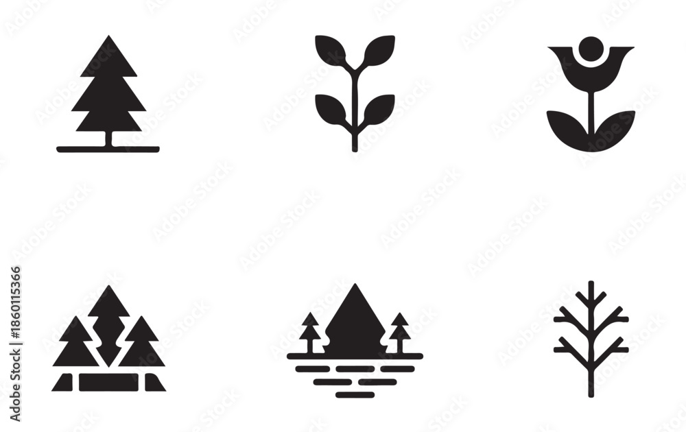 Fototapeta premium Set of nature icons with trees flowers and mountains