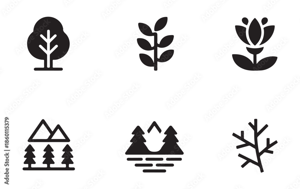 Fototapeta premium Nature icons set trees plants flowers mountains and winter branch vector illustration