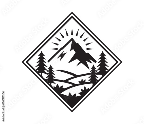 Minimalist mountain peak illustration with coniferous trees and sun rays inside diamond shape frame