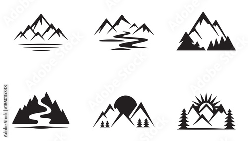 Mountain landscape icons set with peaks, rivers, lakes and natural scenery elements