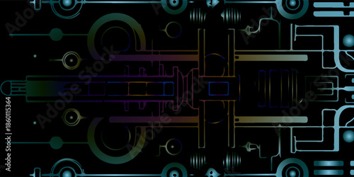 Abstract Neon Circuitry Design With Gradient Glow And Futuristic Tech Motifs For Digital Art