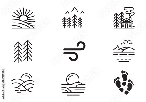 Minimalist monoline nature and outdoor icons sunrise landscape wind cabin footprints vector