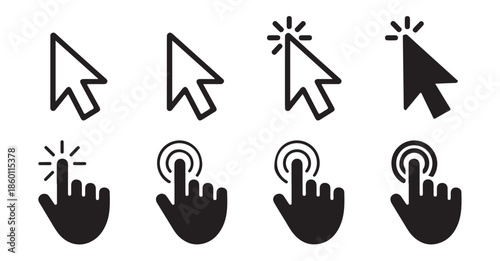 Mouse and hand pointer clicking icon set. cursor tap arrows vector flat design illustration