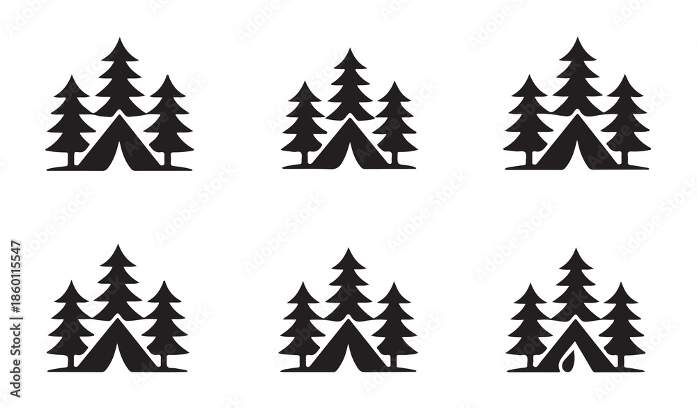 Obraz premium Set of black and white camping and outdoor icons with tents and pine trees