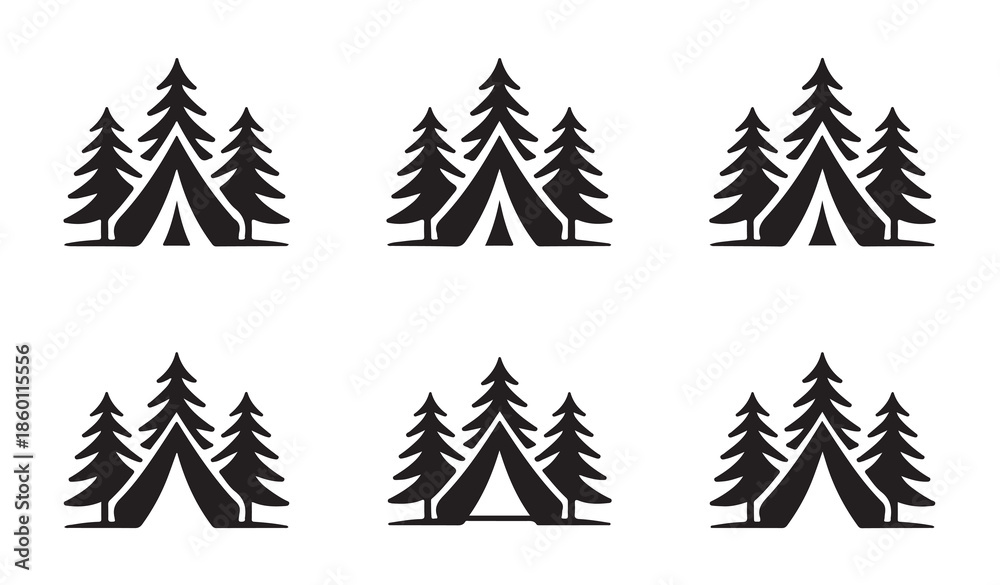 Obraz premium Set of black and white camping and forest icons great for outdoor adventure branding