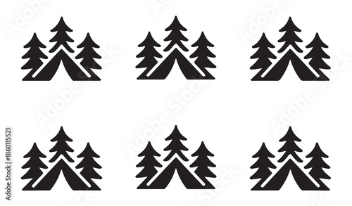 Camping tent and pine tree forest emblem for outdoor adventure gear and scout camp activities logo