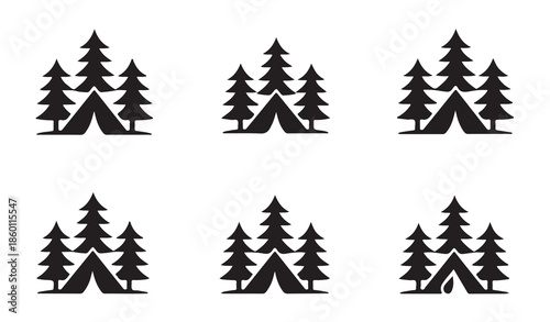 Set of black and white camping and outdoor icons with tents and pine trees
