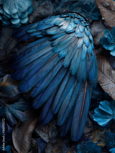 Blue Feather Wing with Dark Floral Background