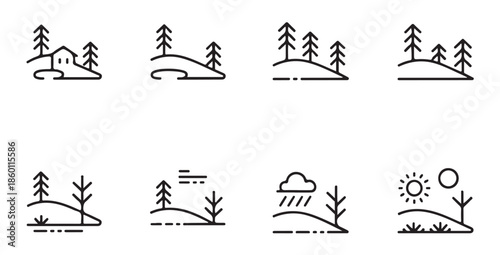 collection of outdoor nature scenes with trees hills and weather elements for seasonal backgrounds.
