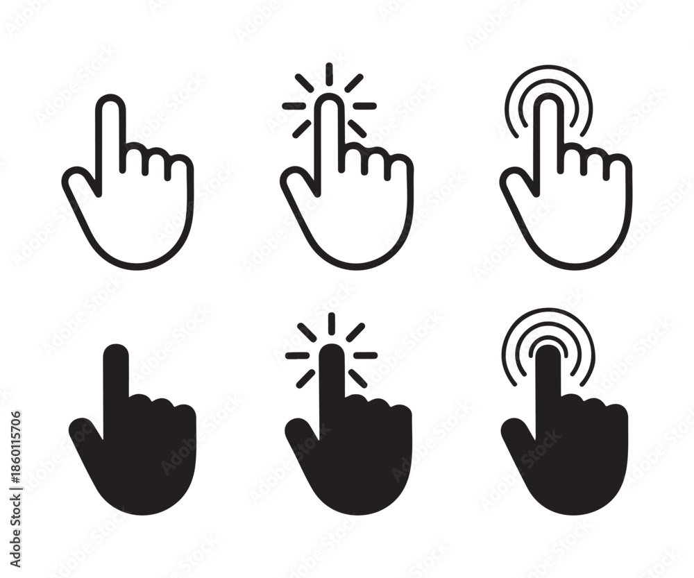 Fototapeta premium Six variation hand pointer icons showing different types of digital clicking and tapping actions vector set