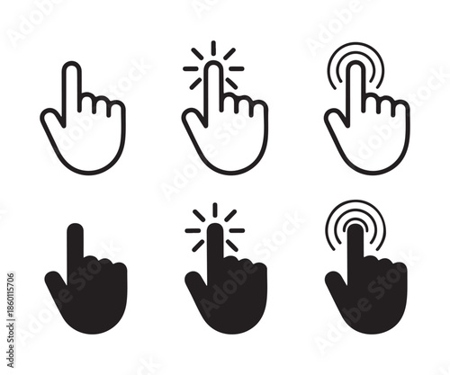 Six variation hand pointer icons showing different types of digital clicking and tapping actions vector set