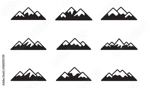 Minimalist mountain peaks set with snow caps and sharp ridges for outdoor adventure and hiking logos