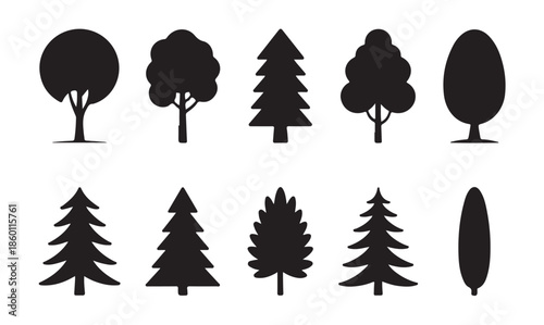 Tree silhouettes icons set for forest nature ecology landscape and environment conservation graphics