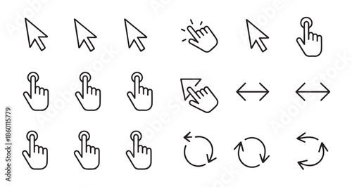Collection of computer mouse pointer arrow icons alongside various finger touch and clicking symbols