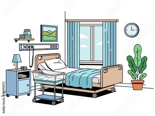 Hospital Room Interior with Bed and Medical Equipment.