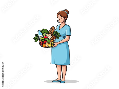 Woman Holding a Basket Full of Fresh Groceries.