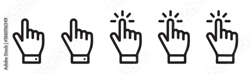 Five hand click icons set finger pointer symbols tapping gestures with cuff detail outline style