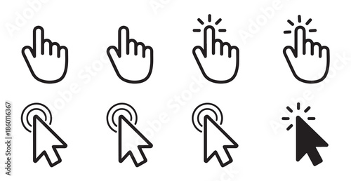 Eight vector graphics illustrating different styles of clicking hand gestures and arrow cursors on white