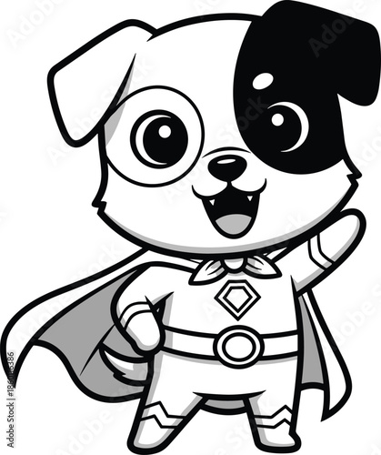 Cute cartoon superhero puppy character illustration with cape and mask, playful comic style mascot design for kids branding