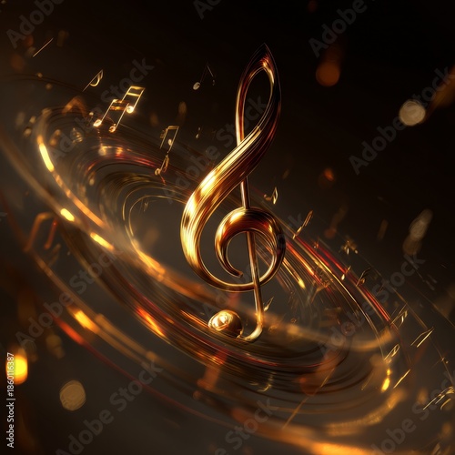 Golden Treble Clef with Musical Notes in Swirl