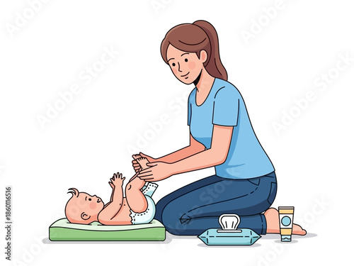 Mother changing baby diaper on changing mat with wipes nearby.