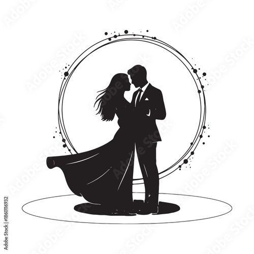 A romantic vector illustration of a black silhouette featuring a bride in a fashion dress and her groom dancing as a married couple to celebrate their love and marriage