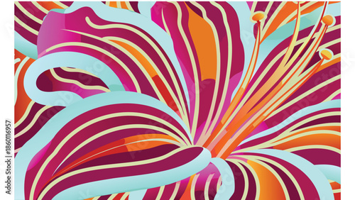 Vibrant floral pattern with swirling lines in pink, orange, and blue hues
