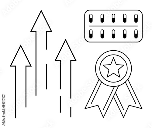 Business growth, achievement, health improvement, success, awards, progress. Linear arrows pointing upward, star ribbon badge pill pack. Business growth and achievement illustrated