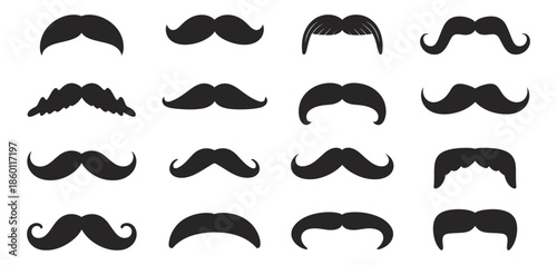 Vintage Black Mustache Icon Set featuring retro handlebar, walrus, pencil, and curly designs, classic facial hair symbols, barber shop, grooming, and vintage style vector illustration.