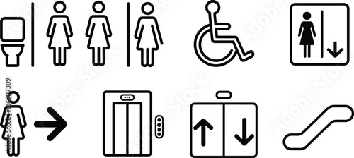 Collection of public facility and accessibility icons on white background Keywords: toilet sign, restroom icon, male symbol