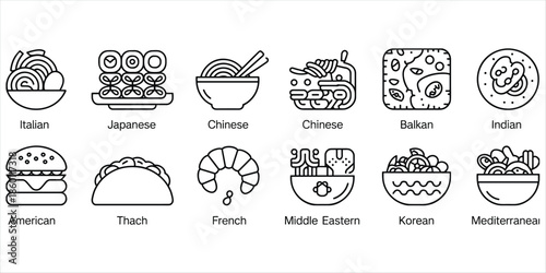 Collection of Outline Icons Representing Diverse International Cuisine Dishes food